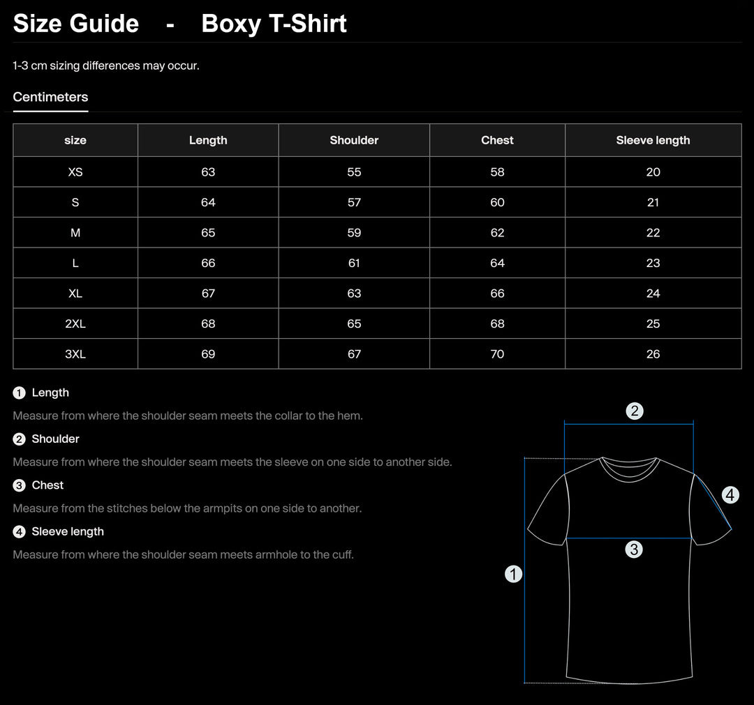 Size guide for SACRIFICE t-shirt
