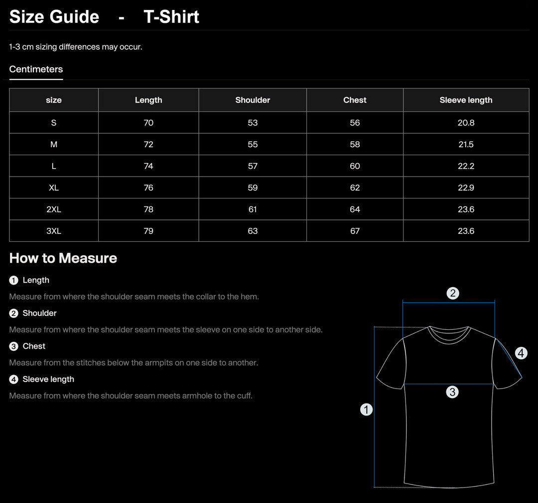 Size guide for NINE TAILS t-shirt