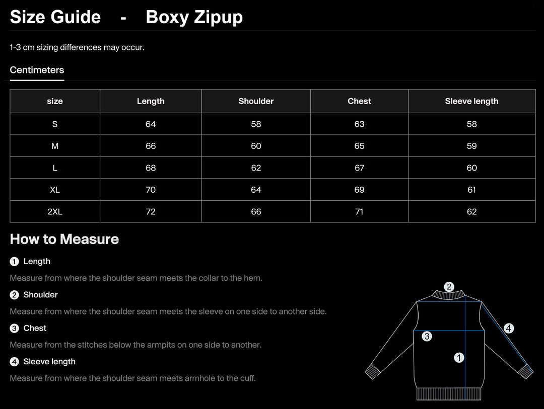 Size guide for EYES zip-up